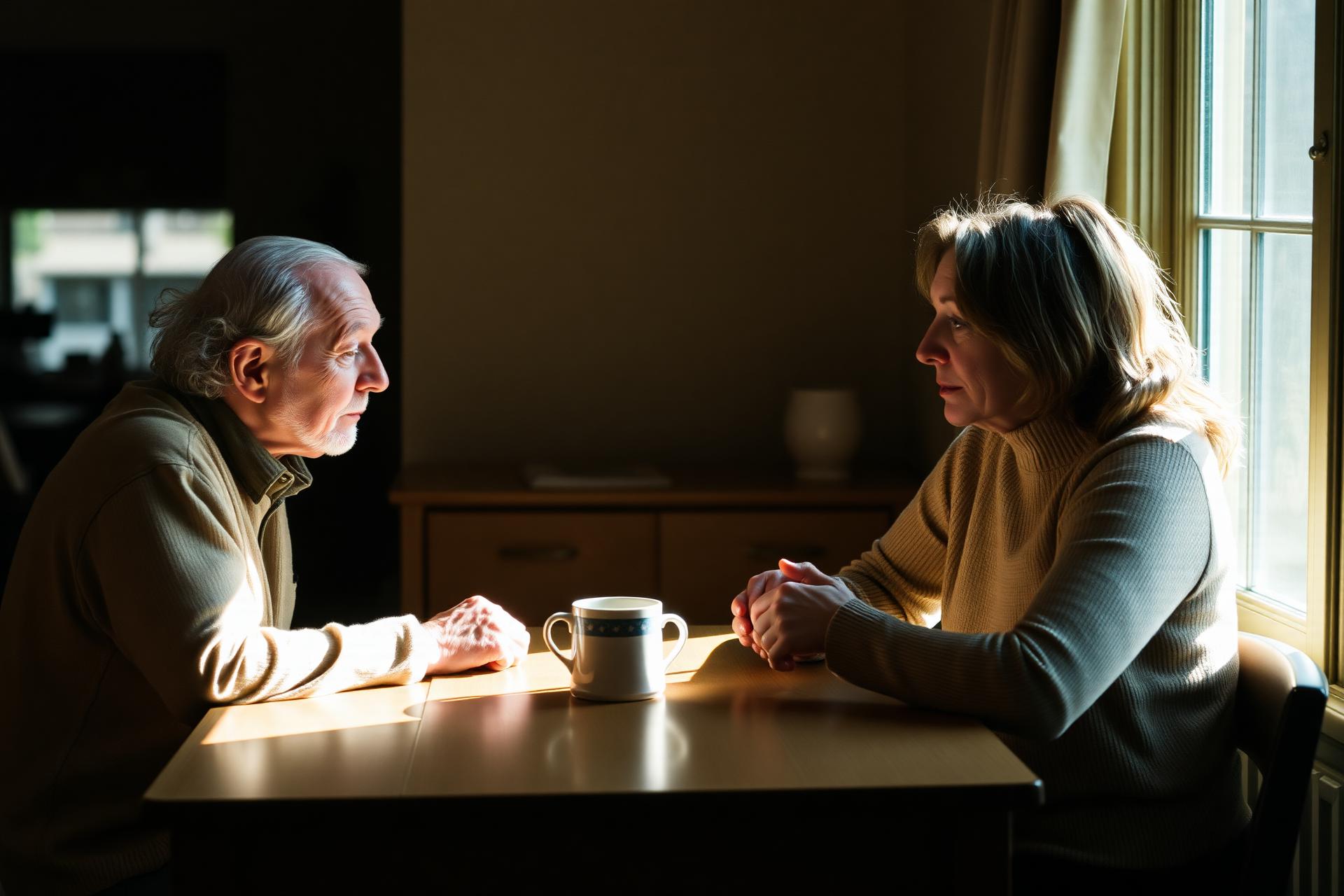 Grootvader en dochter in gesprek aan een tafel bij warm raamlicht